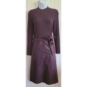 Ted Baker Alltaa Knitted Bodice Faux Leather Skirt Dress Brown/Red Size 2